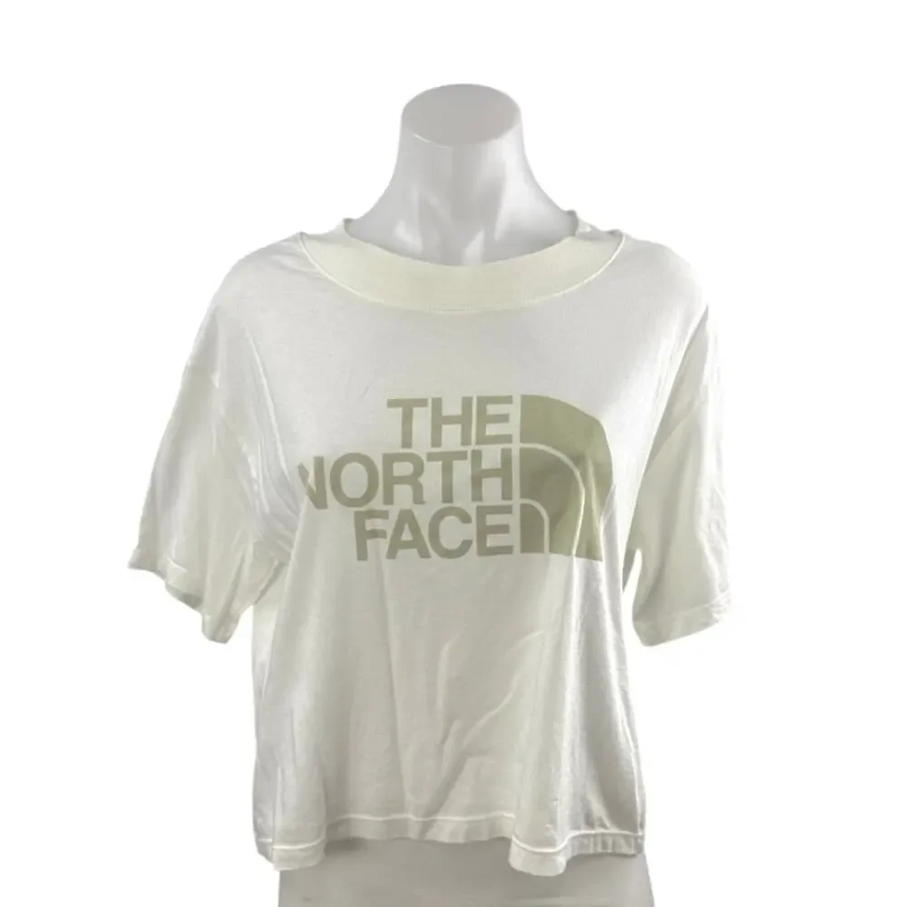 The North Face Women's White Beige Logo Short Sleeve Crop T Shirt Tee Top Size M - Picture 1 of 5
